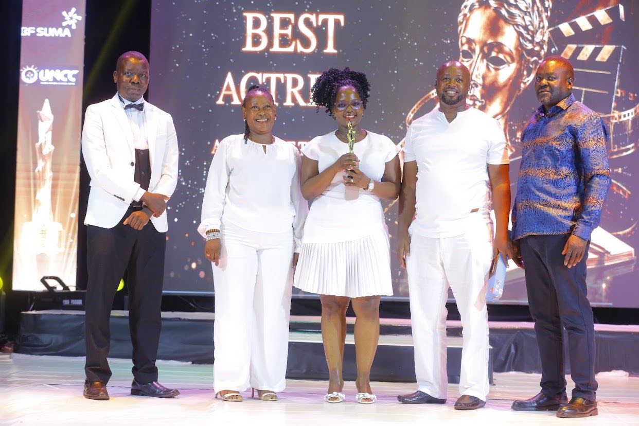 Family and invited guests at the Pearlwood Film Awards 2026 Best Actress award presentation on stage at the National Theatre, Kampala