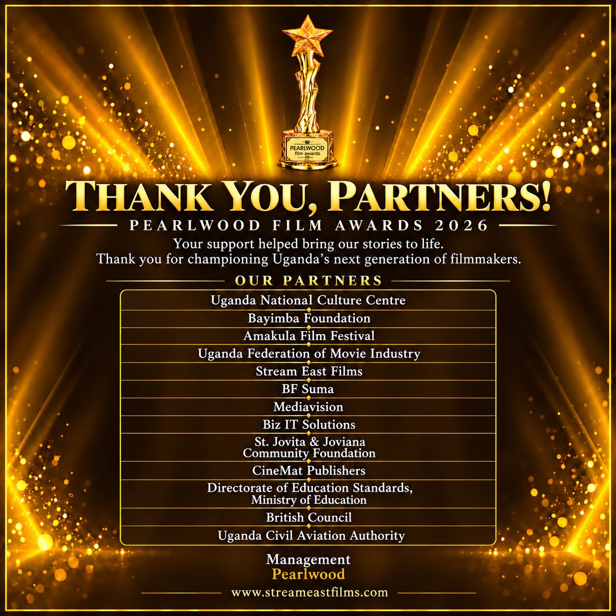 Pearlwood Film Awards 2026 partner appreciation graphic naming the cultural, industry, media and institutional supporters